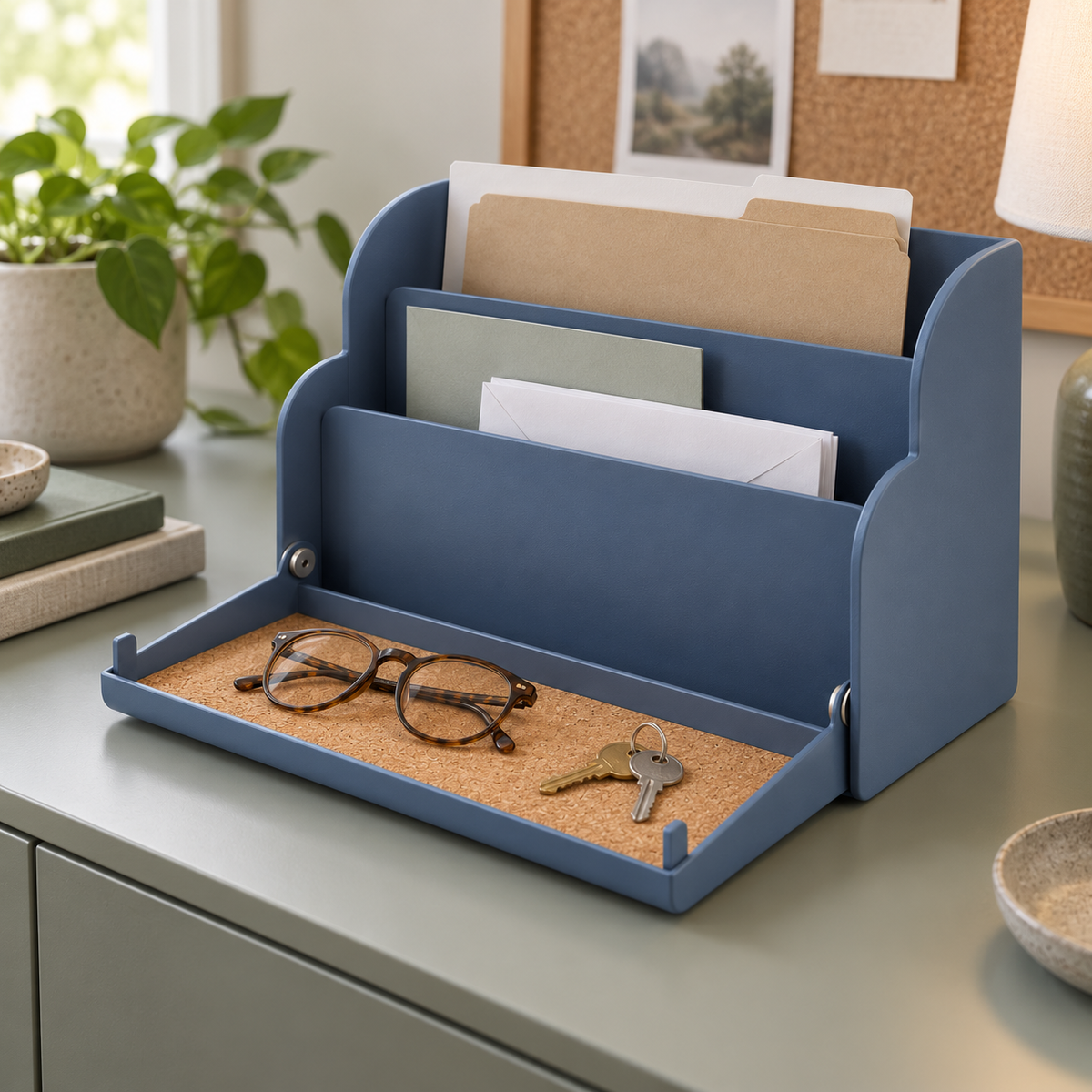 Porte-courrier à trois niveaux avec plateau rabattable