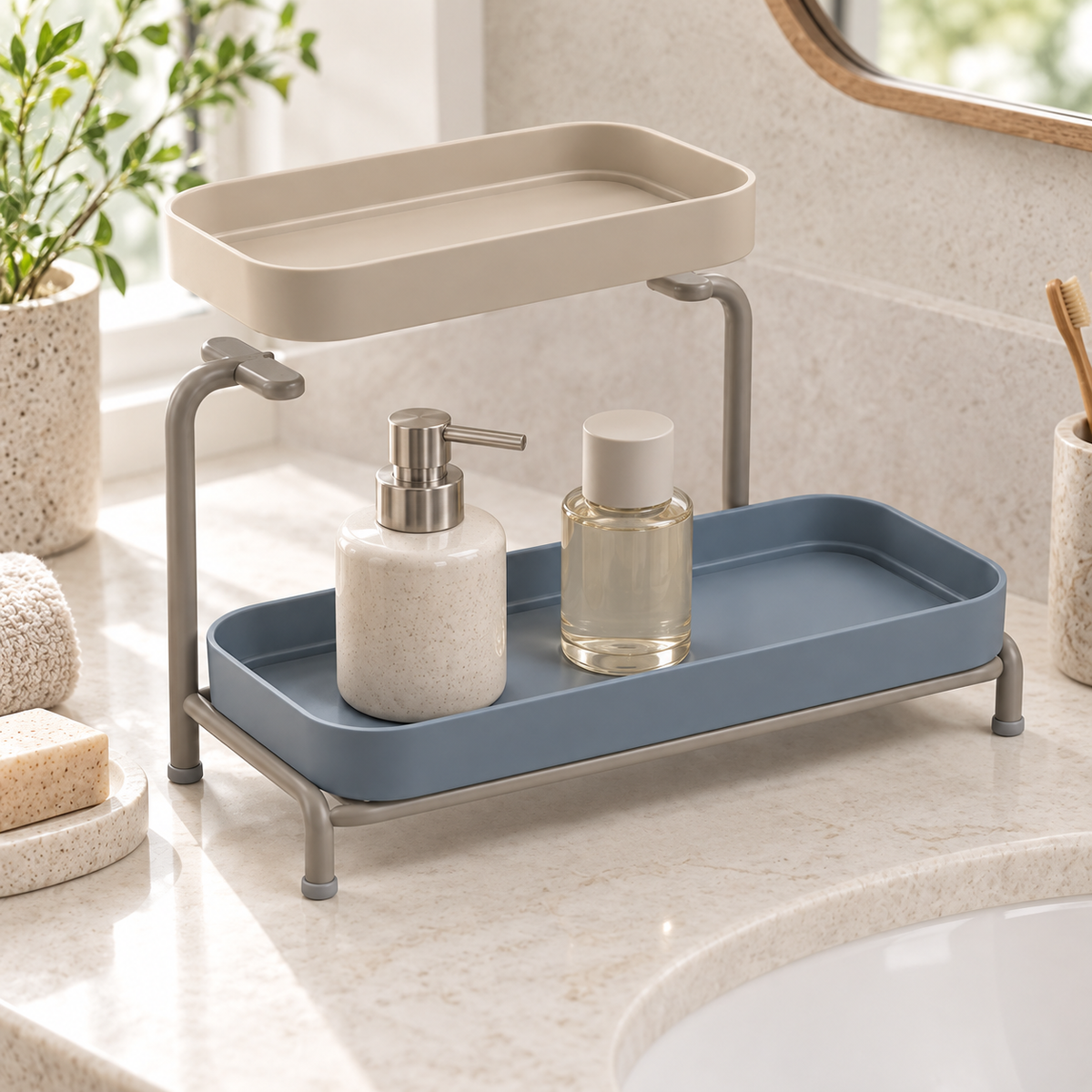 Organisateur de lavabo à deux plateaux amovibles
